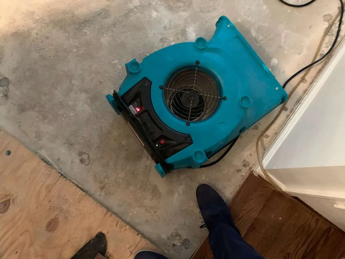 Air mover drying subfloor during Commercial Water Damage Restoration in Granger